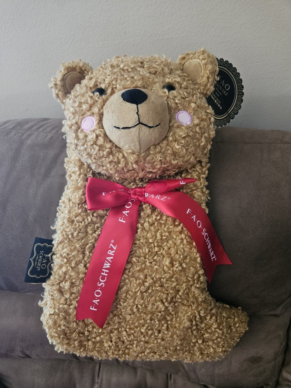 NWT FAO SCHWARZ TEDDY BEAR STOCKING 18" RED BOW CHRISTMAS STUFFED ANIMAL NWT